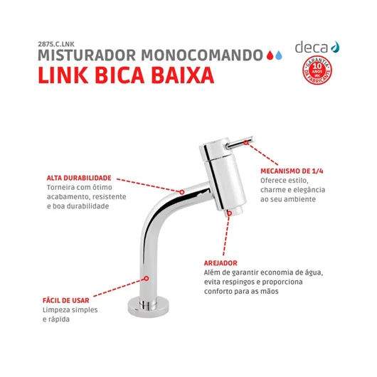 Misturador Monocomando de Mesa Bica Baixa para Lavatório Link 2875- Deca
