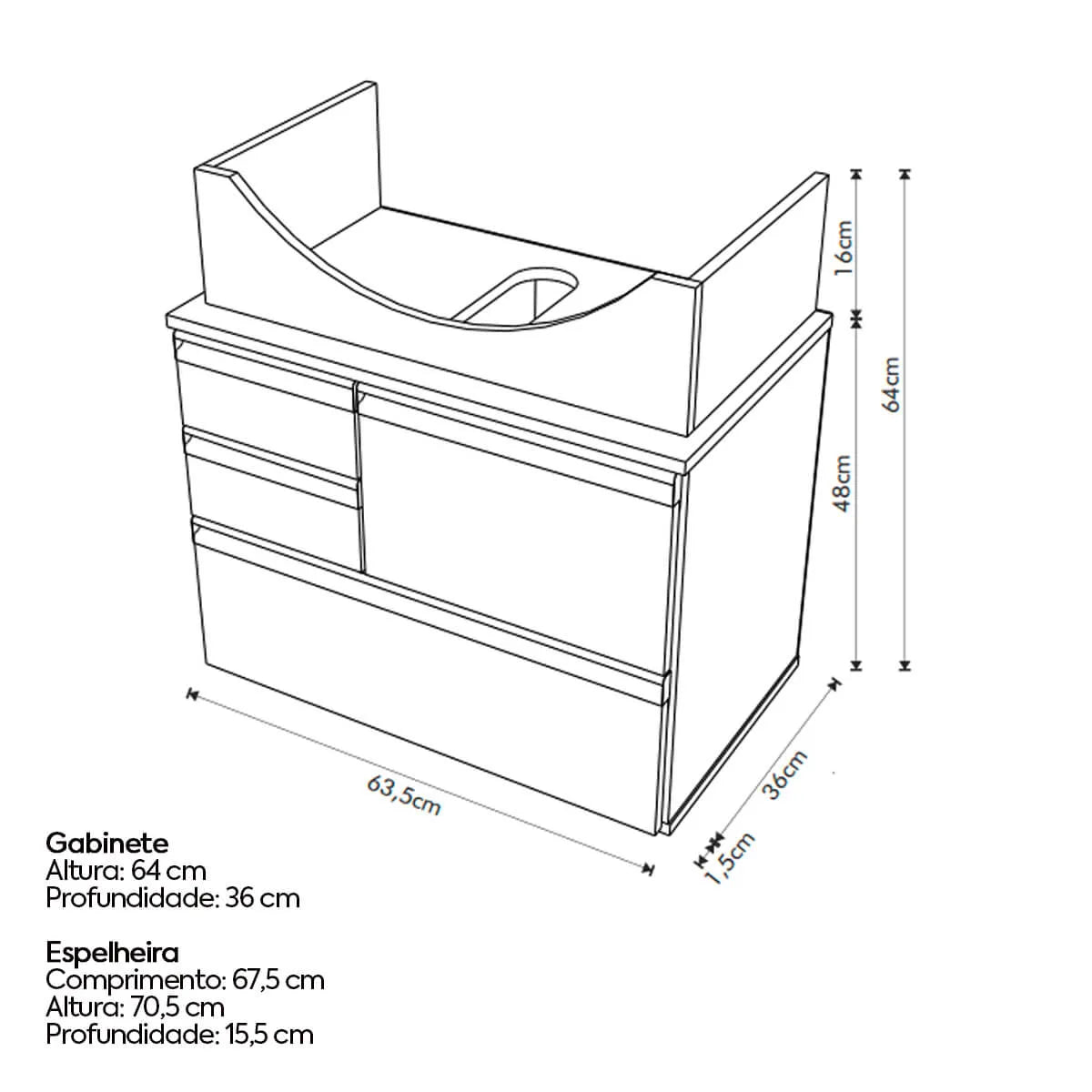 Gabinete para Banheiro Firenze Suspenso Nogal 63,5 Cm + Espelheira Pia de Louça - A.J Rorato