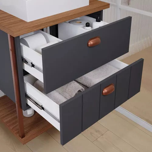 Armário Uni 60 cm Suspenso c/ Espelheira Titanium/Freijo - Mgm Móveis