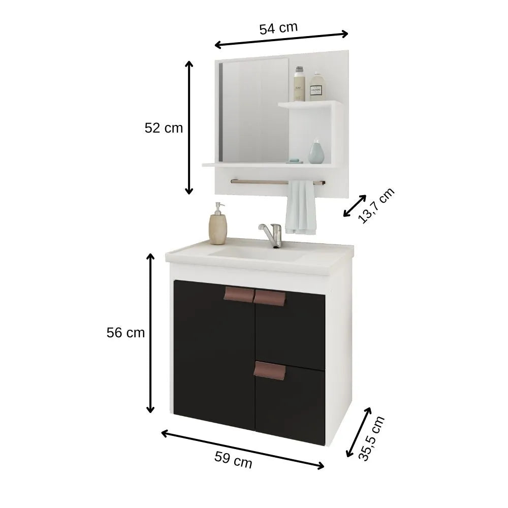 Conjunto Armário Para Banheiro Com Pia E Espelheira Tulipa Branco/Preto 59CM - MGM