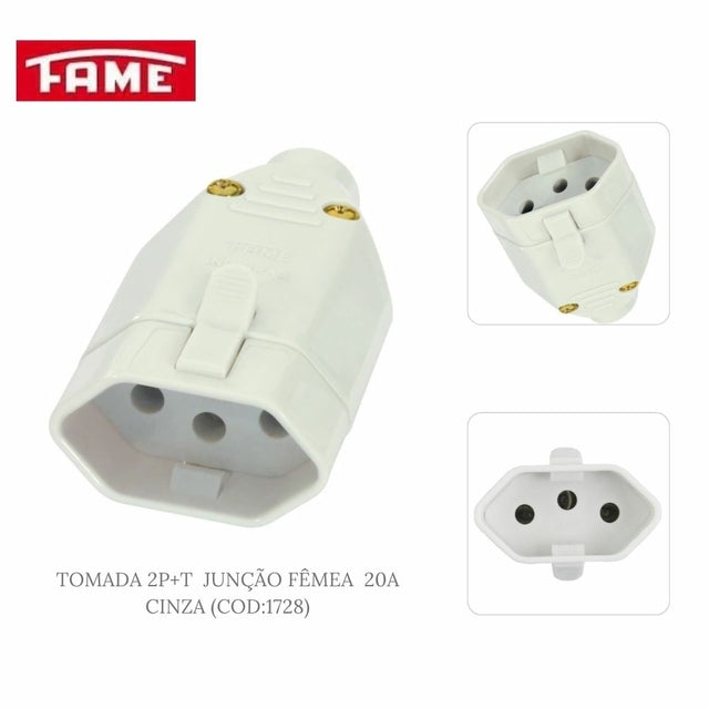 Plugue Tomada 2P+T Junção Fêmea 10A/250V Cinza 1727 Sobrepor - Fame