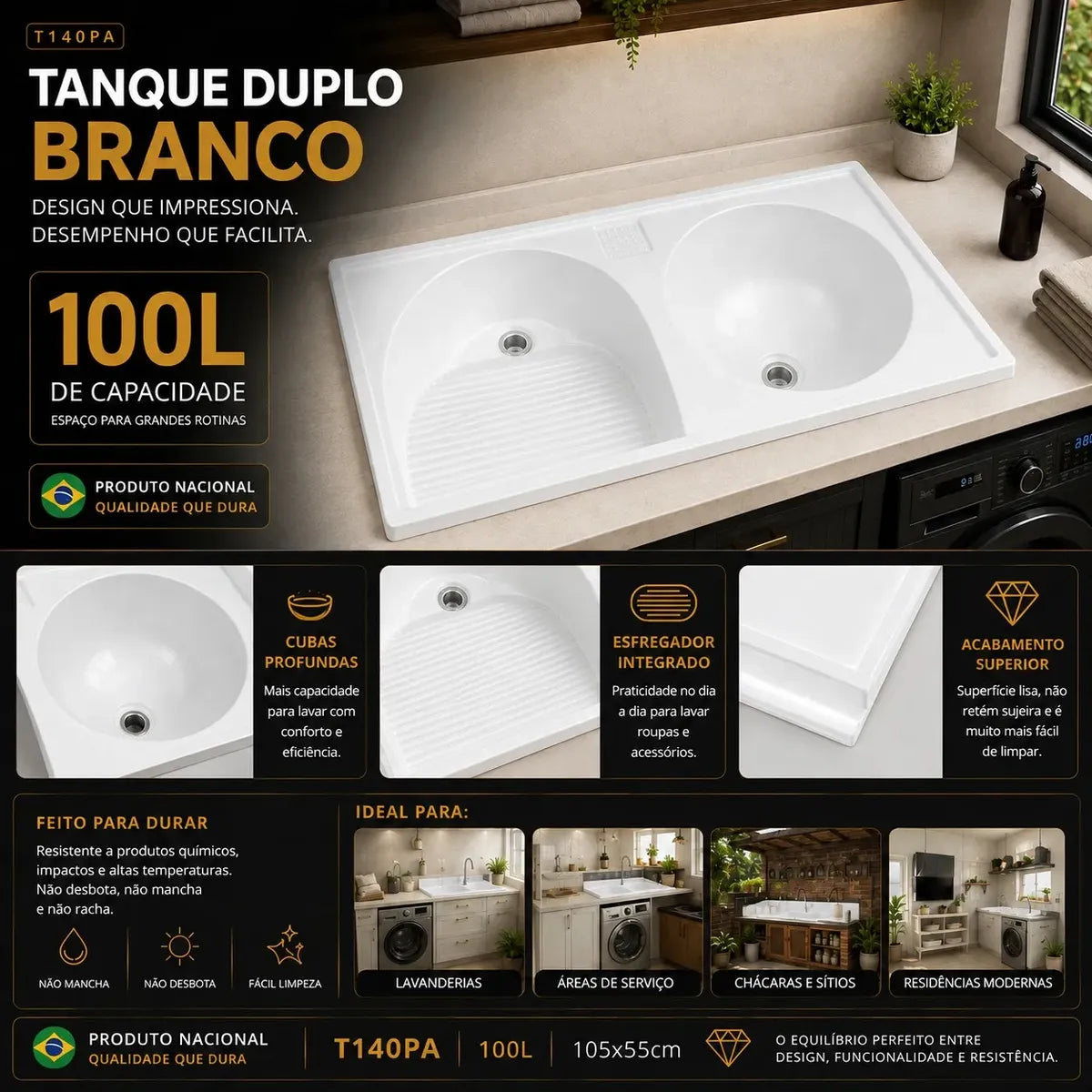 Tanque 100 Litros 140X65 Mármore Sintético Granitado Branco Premium - Decoralita