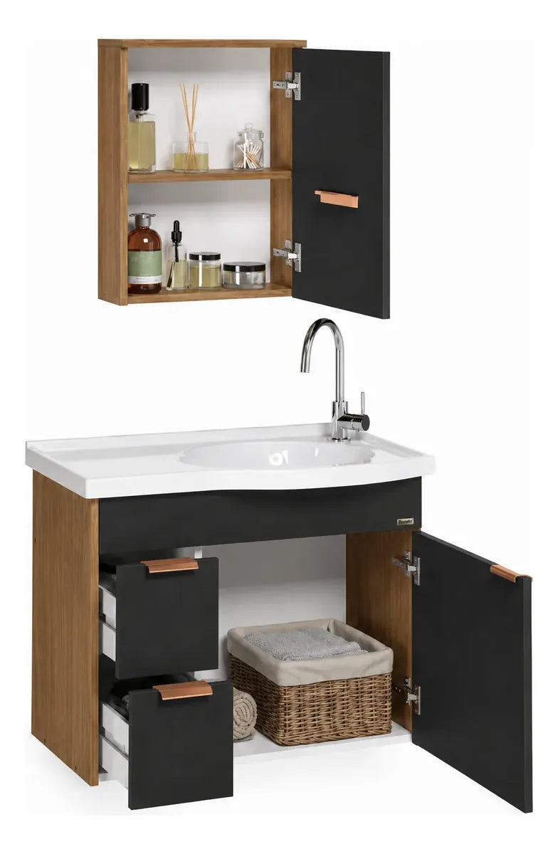 Kit Armário Capri Supenso Com Espelho e Pia 55,4cm Texturizado Preto -  Aj Rorato