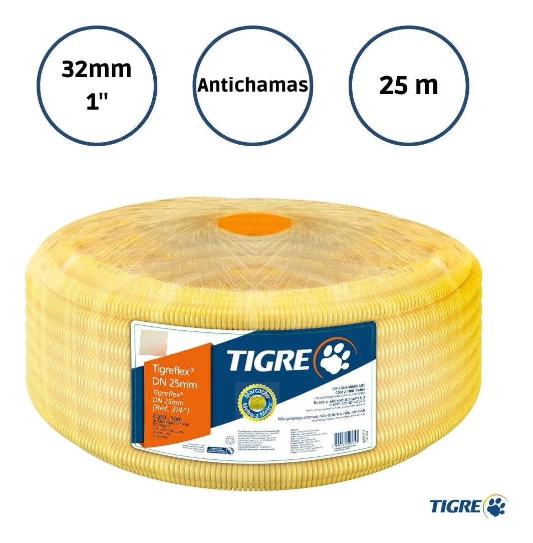 Mangueira Corrugada 32MM Tigreflex Amarela Rolo 25MT - Tigre