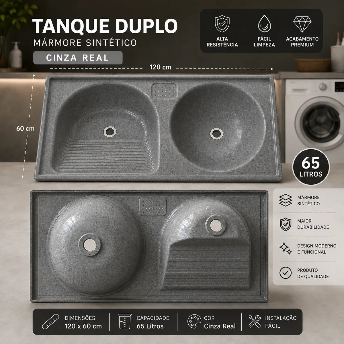 Tanque 100 Litros 140X65 Mármore Sintético Granitado Cinza Premium - Decoralita
