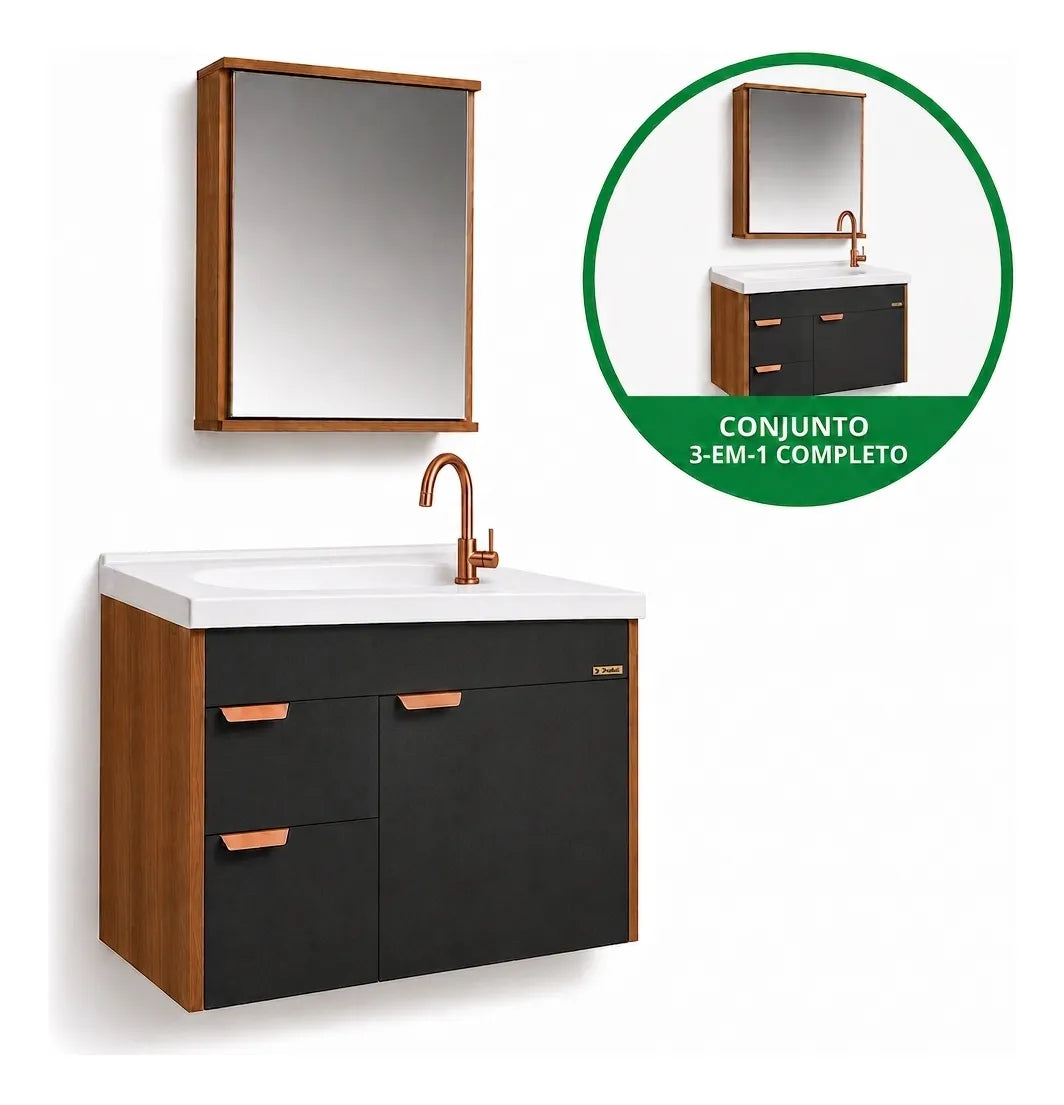 Kit Armário Capri Supenso Com Espelho e Pia 55,4cm Texturizado Preto -  Aj Rorato