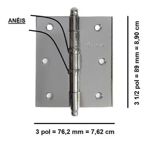 Dobradiça Cromada Pino Bola Com Anel 3 1/2 X 3 CH 2,25MM - Tolemat