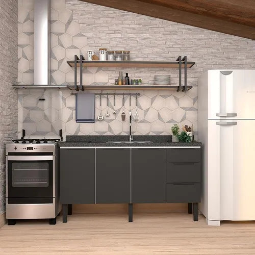 Gabinete Aço Para Pia 160 3 Gavetas Preto Júpiter - Cozimax