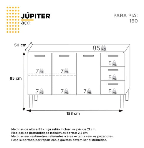 Gabinete Aço Para Pia 160 3 Gavetas Branca Júpiter - Cozimax