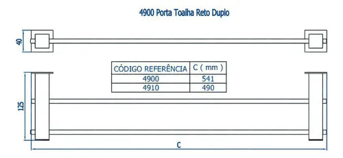 Porta Toalha Reto Duplo 4900 C220 530MM- Fani