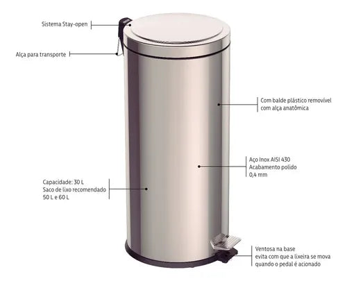 Lixeira Com Pedal Inox 30 Litros 94538130 - Tramontina